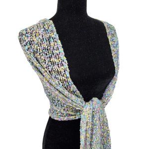 Womens Shawl Wrap Pastel Multicolor Knit Boucle with Fringe and Silver Sparkle